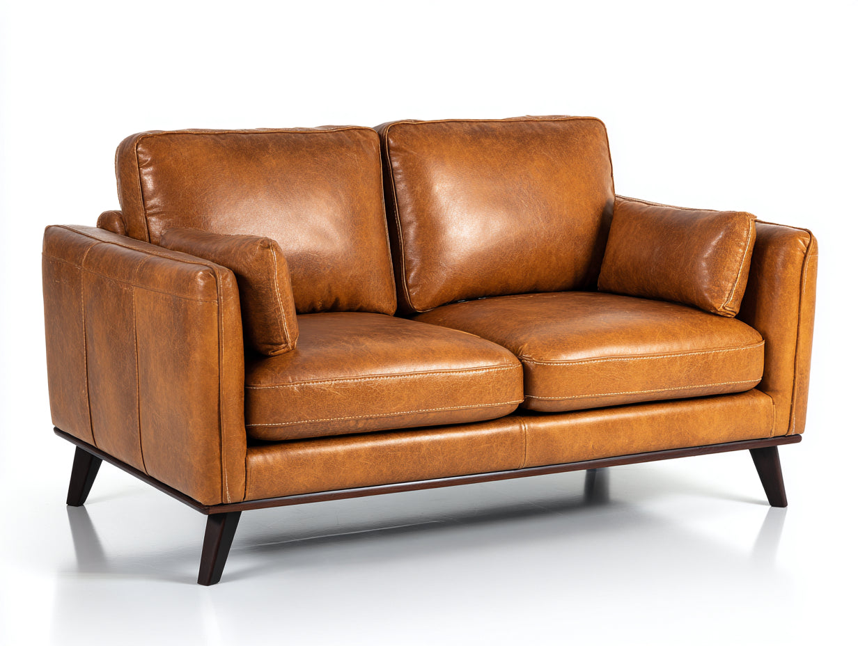 Sofá lineal de 2 plazas tapizado efecto cuero 180 x 88 x 86 cm - marrón caramelo - asiento acolchado con patas de madera para salón - estilo moderno retro