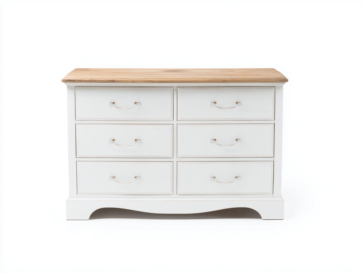 Cómodas de dormitorio melamina y efecto madera 160x45x85 cm - blanco y madera natural - estilo clásico con 6 cajones