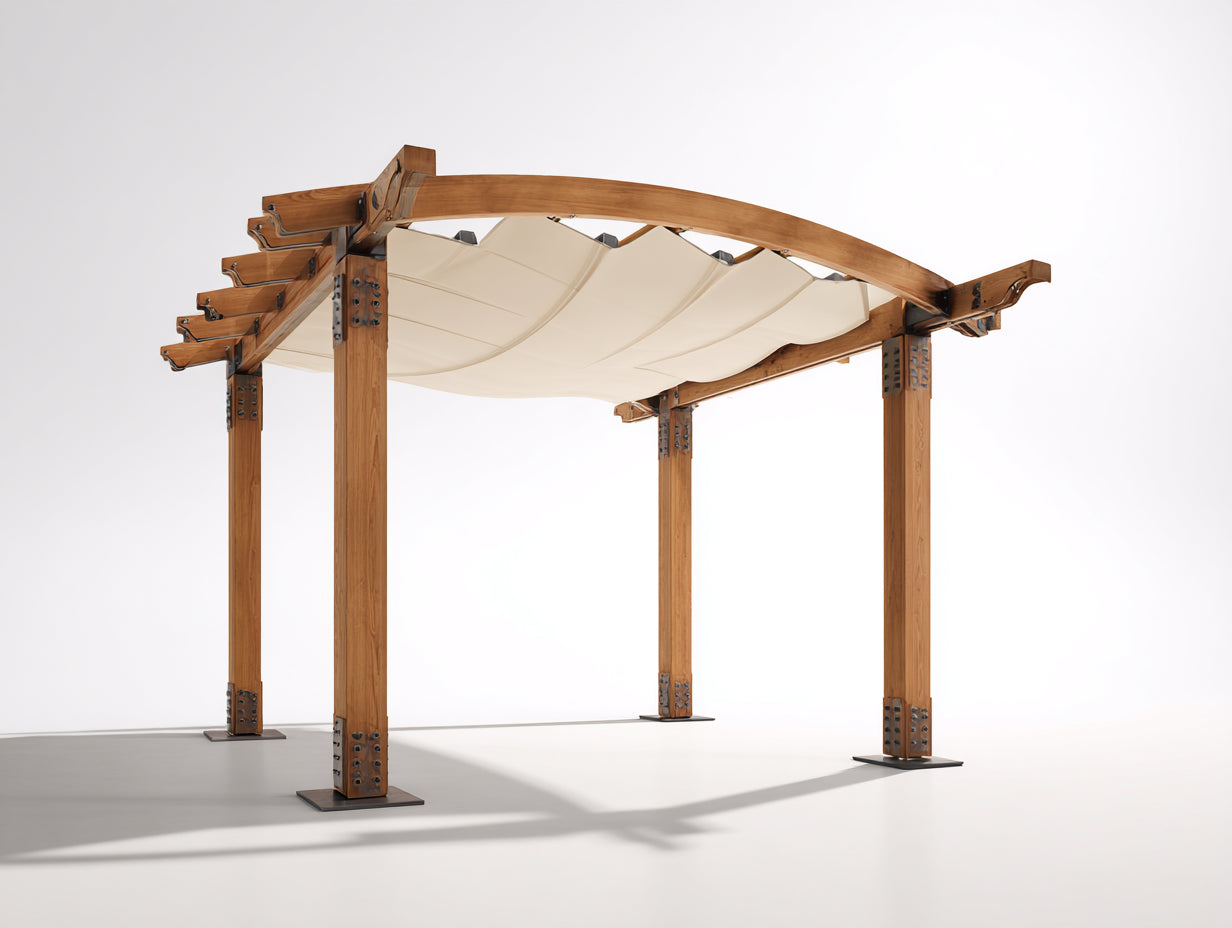 Pérgola de jardín de madera 400x300x250 cm - madera natural y beige - techo curvo con toldo