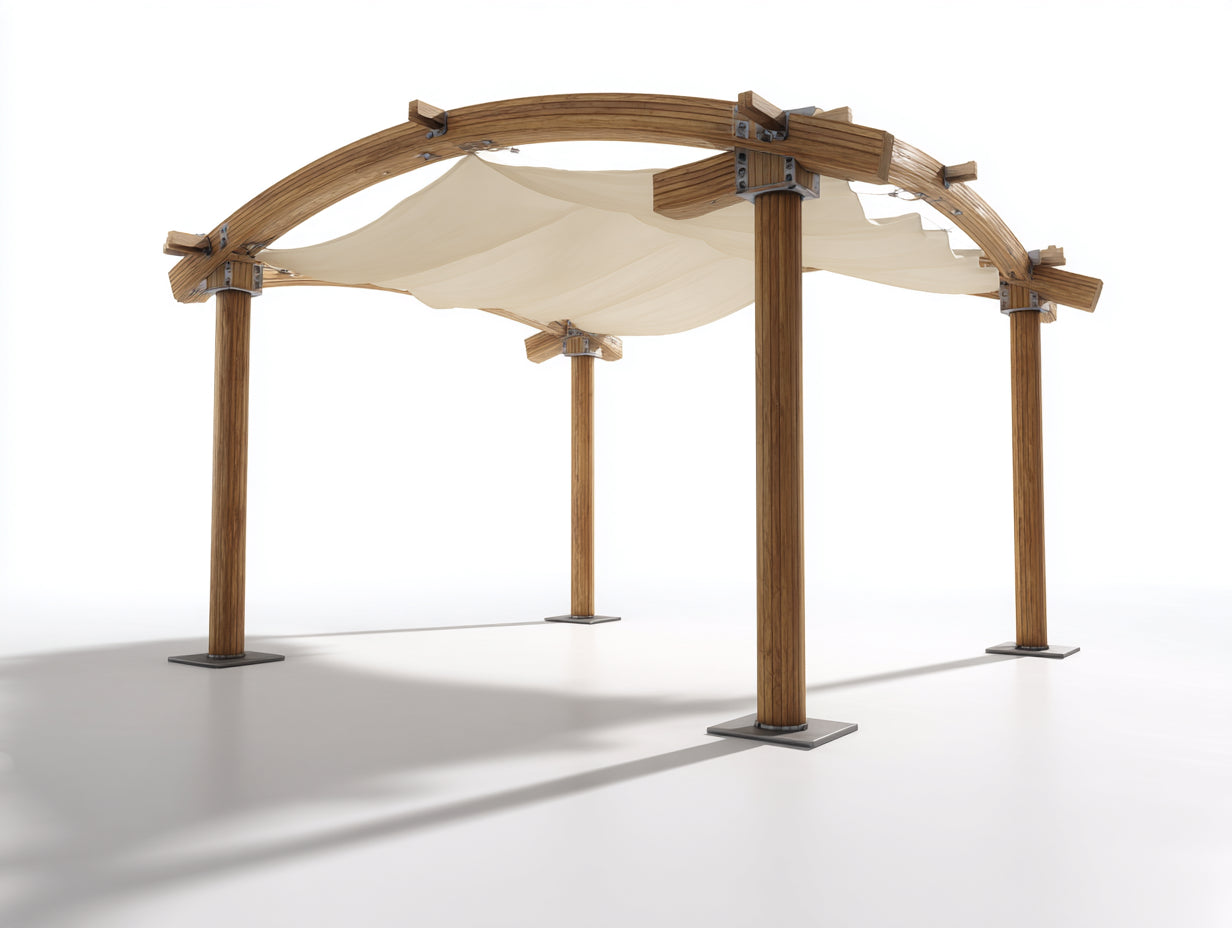 Pérgola de jardín de madera y tejido 400 x 300 x 260 cm - madera natural y beige - cubierta textil con vigas curvas para terraza - diseño rústico