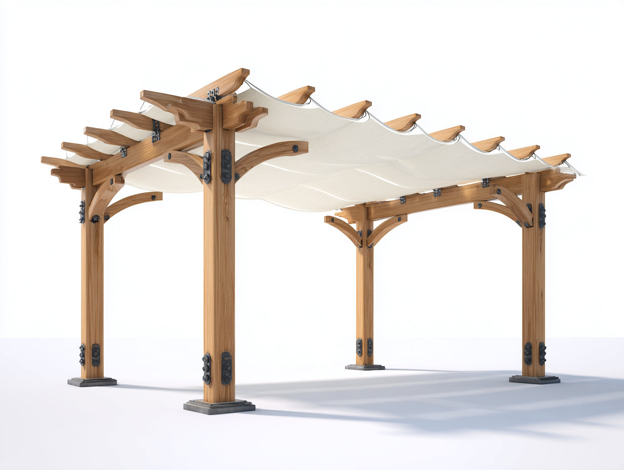 Pérgola de jardín de madera maciza 400x300x250 cm - natural y crema - toldo retráctil