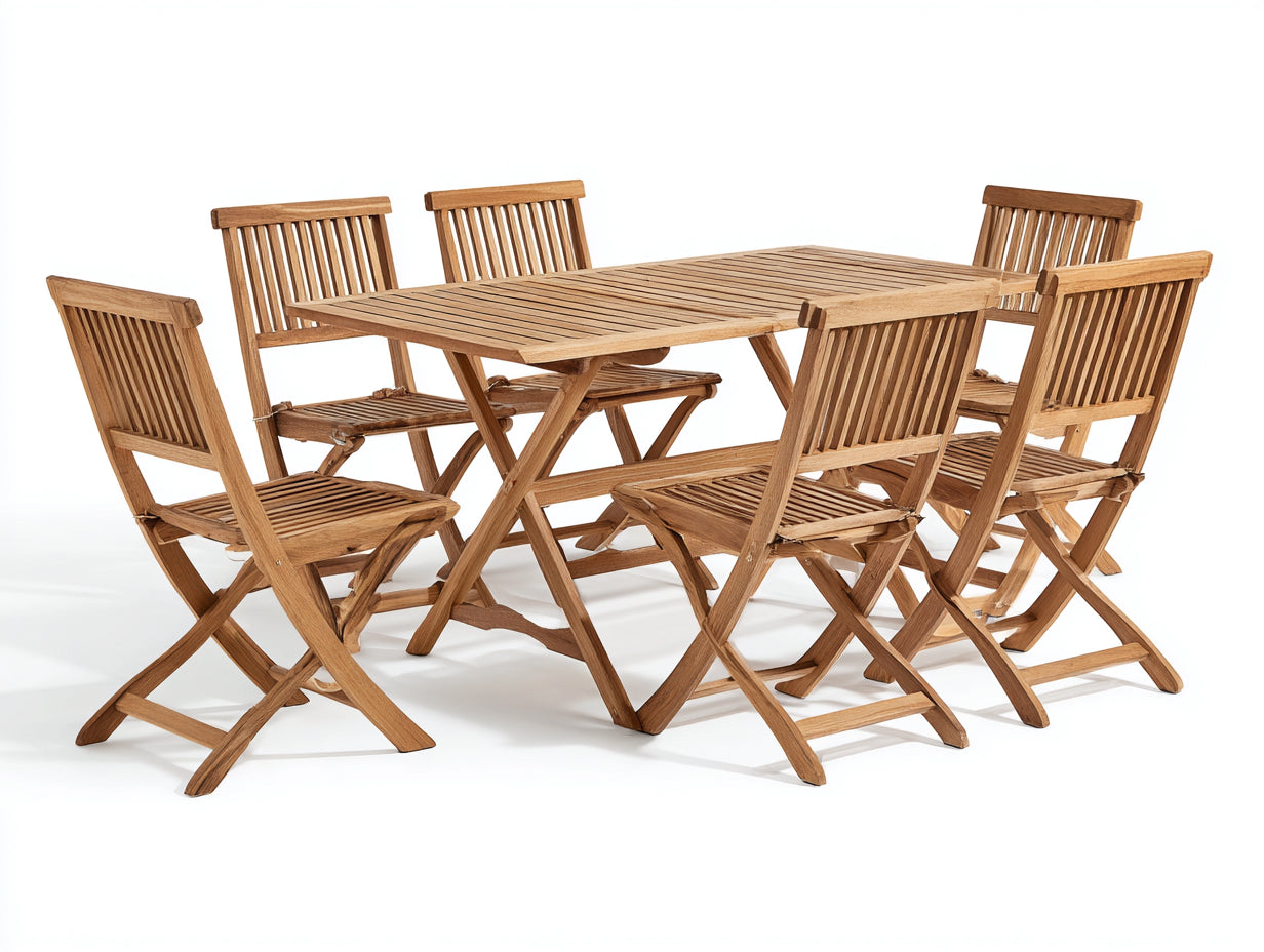 Conjuntos de comedor de jardín - Madera maciza de acacia 150 x 90 x 74 cm - Marrón natural - Mesa rectangular y 6 sillas plegables - Estilo clásico