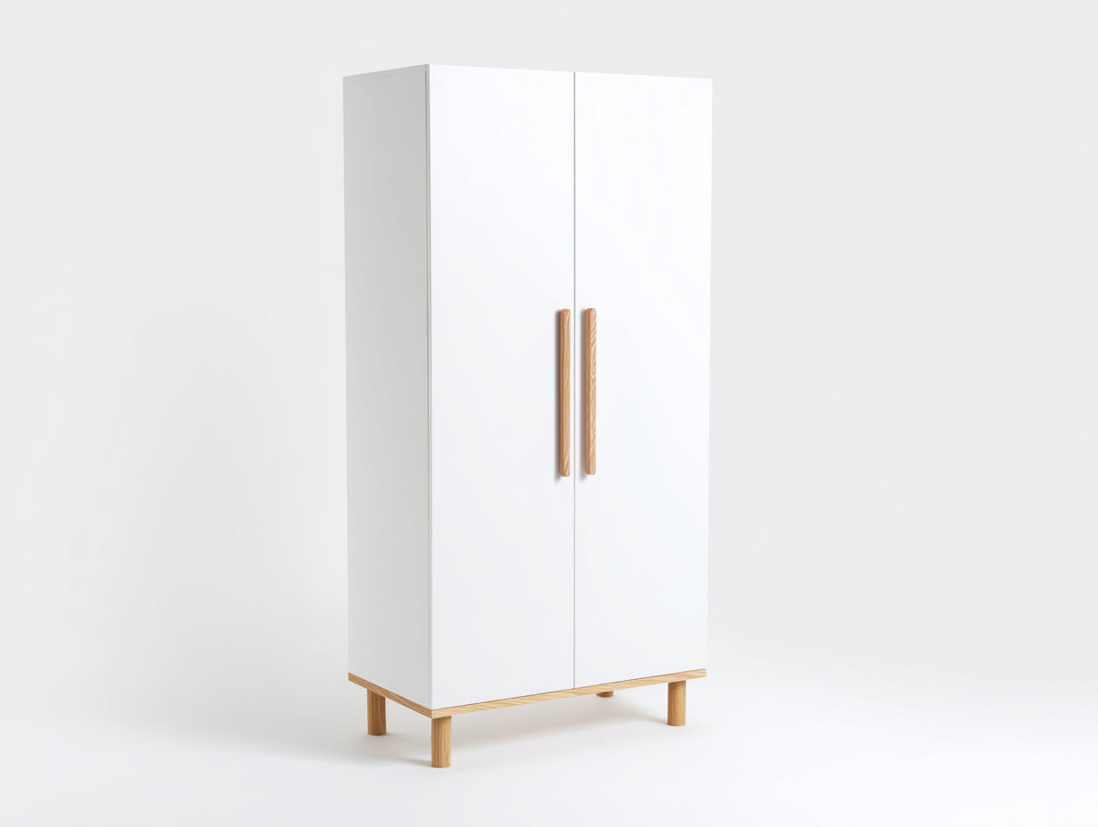 Armarios de dos puertas abatibles - madera manufacturada y madera maciza 90 x 50 x 190 cm - blanco y madera natural - para dormitorio - diseño nórdico con patas elevadas