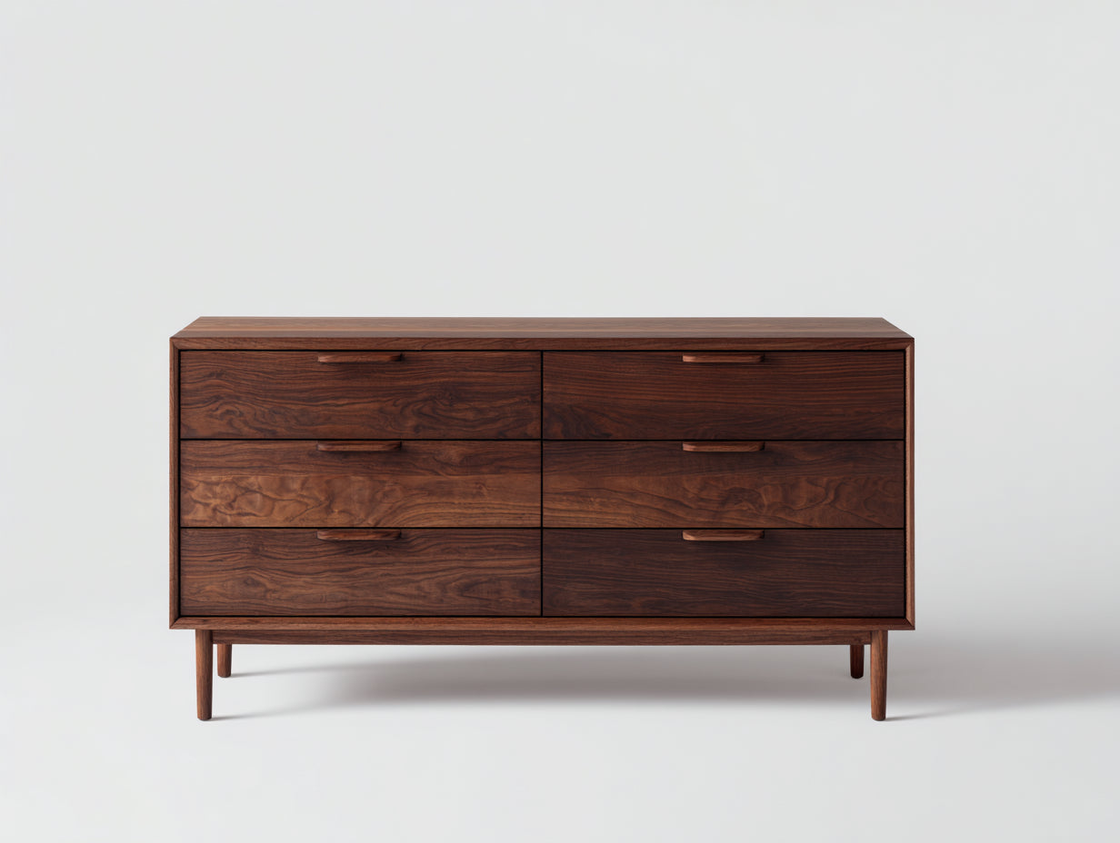 Cómoda de madera 140 x 45 x 80 cm - marrón nogal - 6 cajones para dormitorio y salón - diseño moderno con patas elevadas