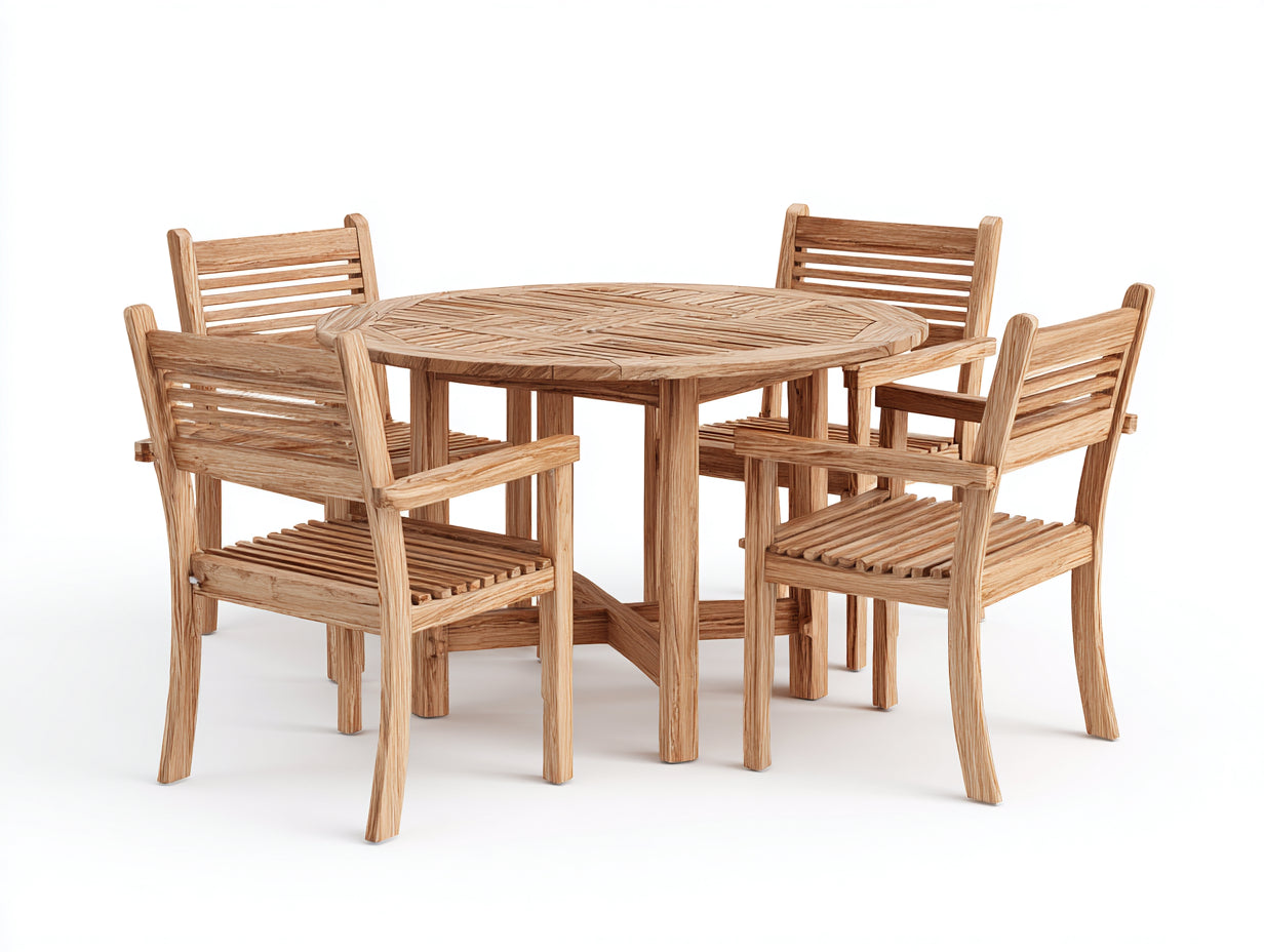 Conjuntos de comedor de jardín de madera 120x120x75 cm - madera natural - mesa redonda con 4 sillones