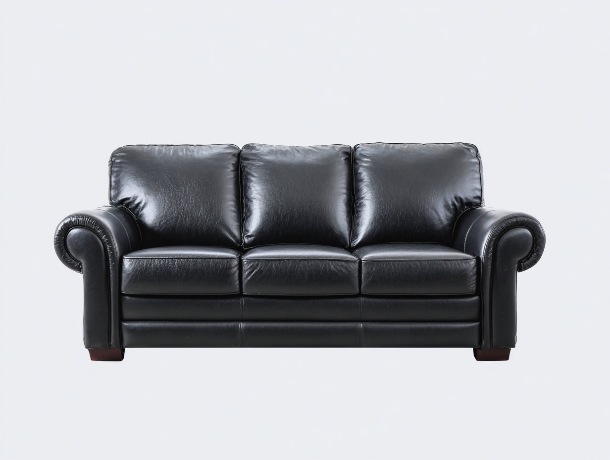 Sofás lineales de 3 plazas piel sintética 220x90x85 cm - negro - brazos enrollados clásicos