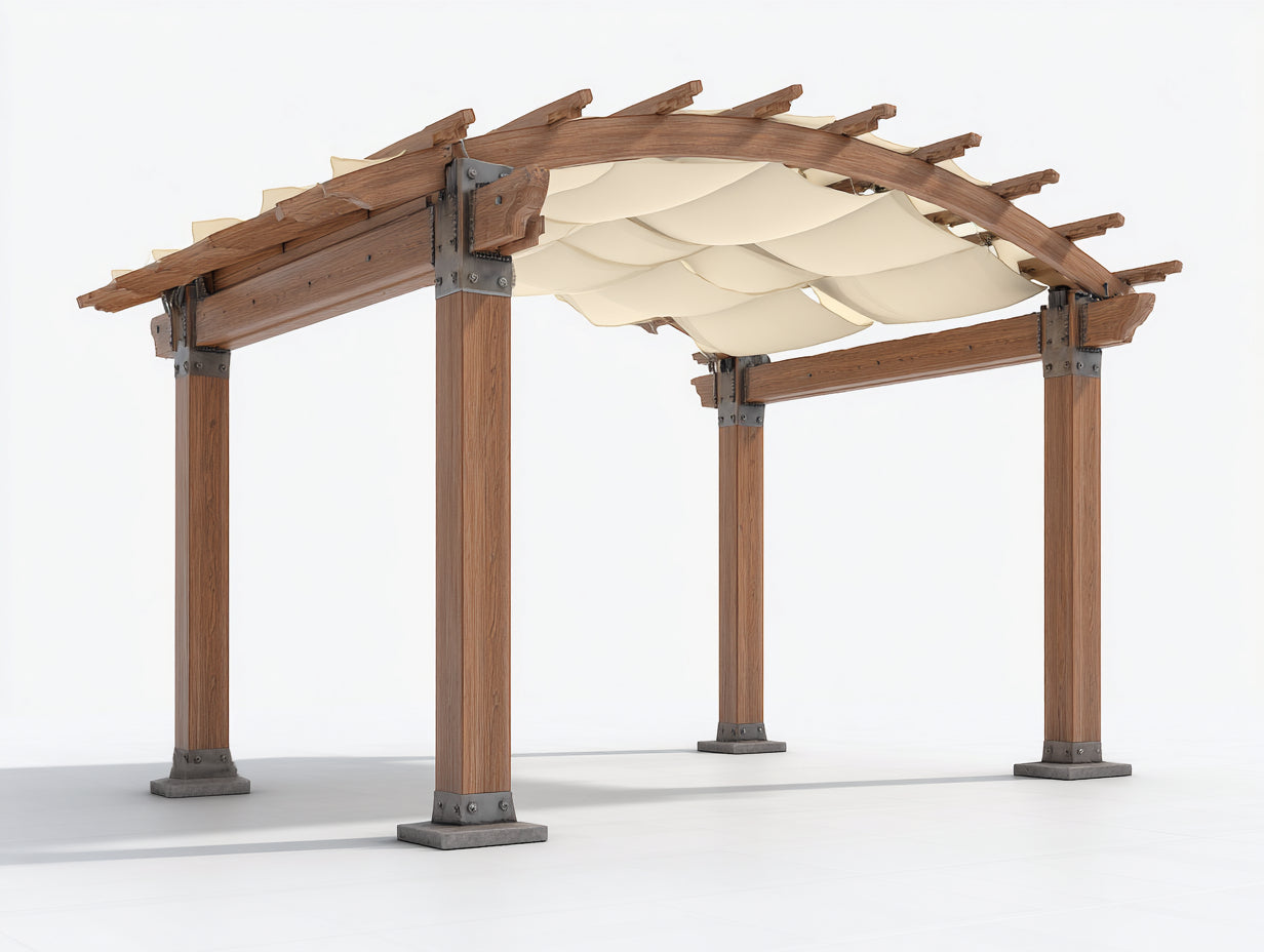 Pérgola de jardín de madera 400x300x250 cm - madera natural y beige - techo curvo con toldo