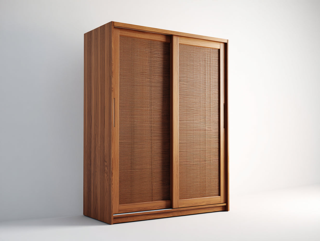 Armarios de madera y ratán 120 x 55 x 180 cm - Marrón natural - 2 puertas correderas de estilo cálido