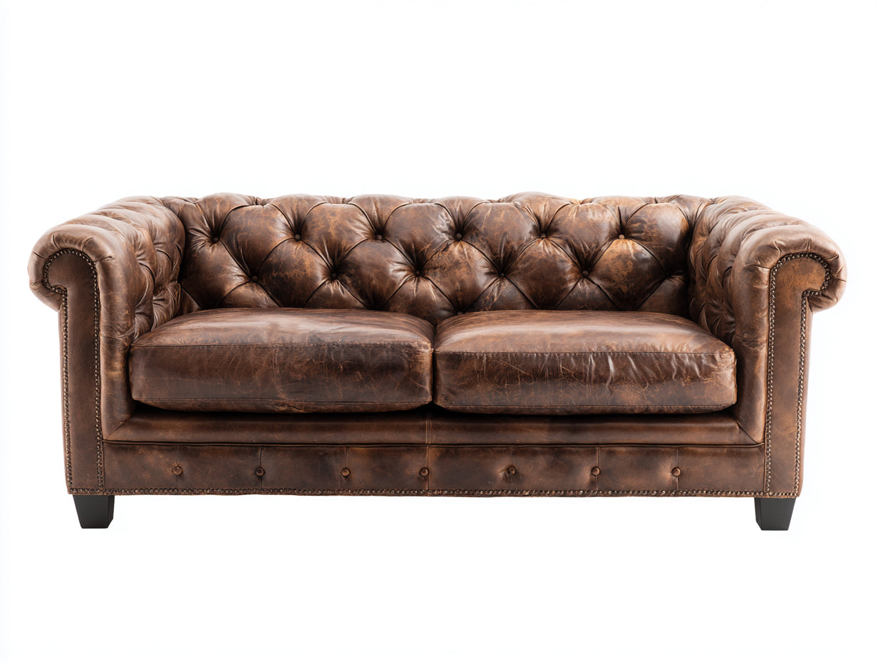 Sofás lineales - Tapizado efecto piel 205 x 92 x 78 cm - Marrón oscuro - Para salón - Sofá de 2 plazas estilo Chesterfield con capitoné