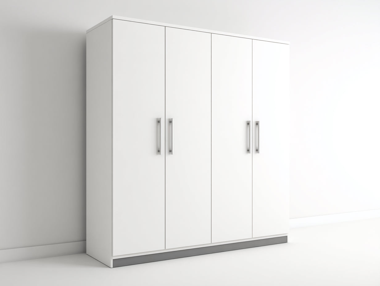 Armarios de cuatro puertas abatibles - madera manufacturada 180 x 60 x 210 cm - blanco y plateado - para dormitorio - diseño moderno con almacenamiento cerrado