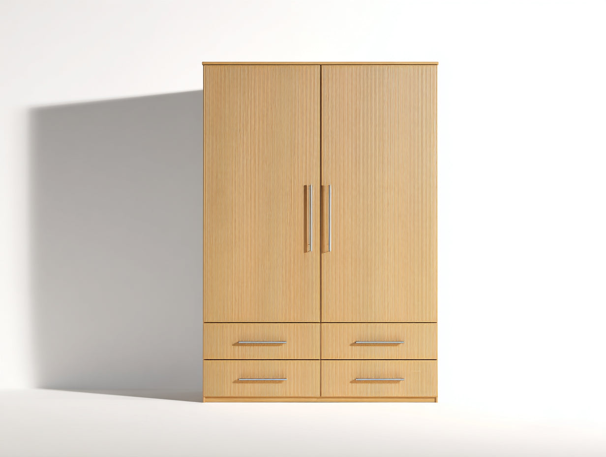 Armarios de dos puertas y cuatro cajones - madera manufacturada 120 x 55 x 190 cm - roble claro - para dormitorio - diseño moderno con frentes acanalados