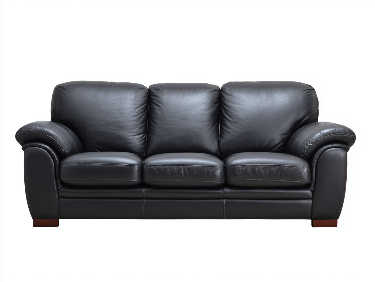 Sofá lineal de 3 plazas tapizado efecto cuero 220 x 96 x 91 cm - negro - asiento acolchado con reposabrazos curvos para salón - estilo clásico
