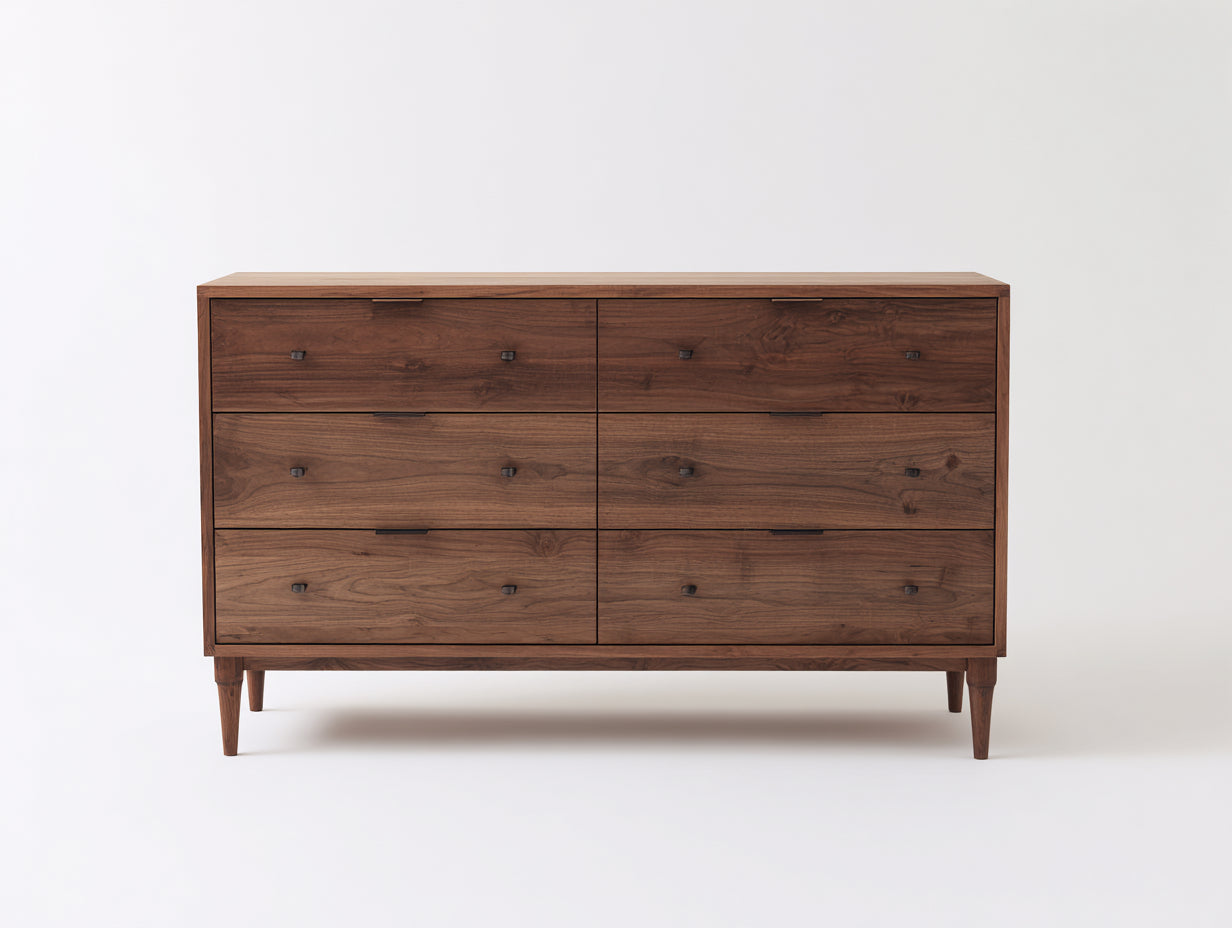 Cómodas de seis cajones - madera maciza 150 x 45 x 95 cm - nogal oscuro - para dormitorio - diseño moderno con patas elevadas
