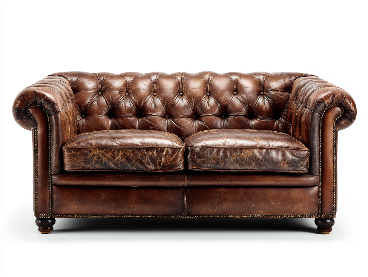 Sofás lineales de 2 plazas en cuero sintético 190x92x78 cm - marrón envejecido - estilo Chesterfield