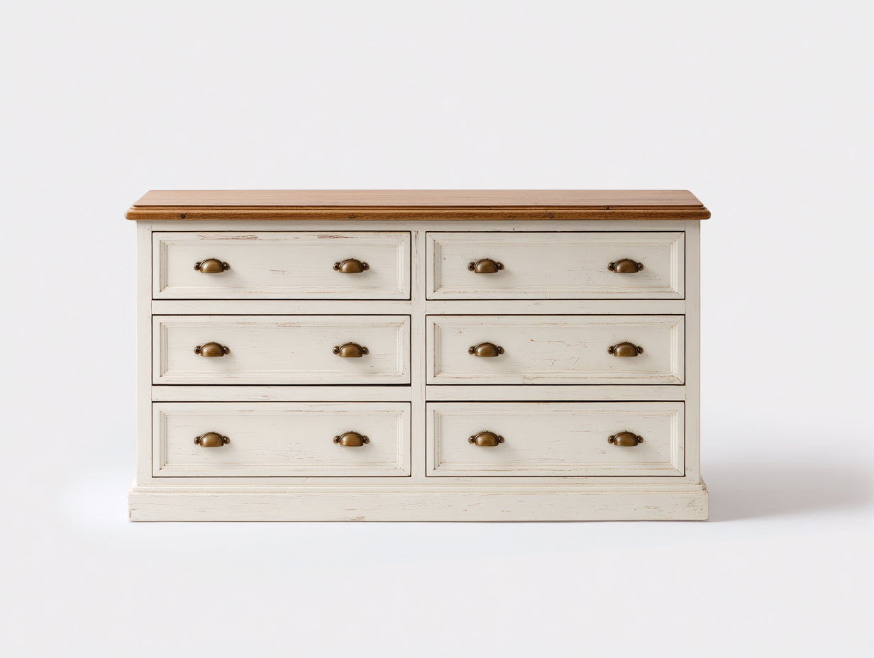 Cómodas de seis cajones - madera maciza 140 x 45 x 90 cm - blanco envejecido y madera natural - para dormitorio - estilo rústico con tiradores metálicos